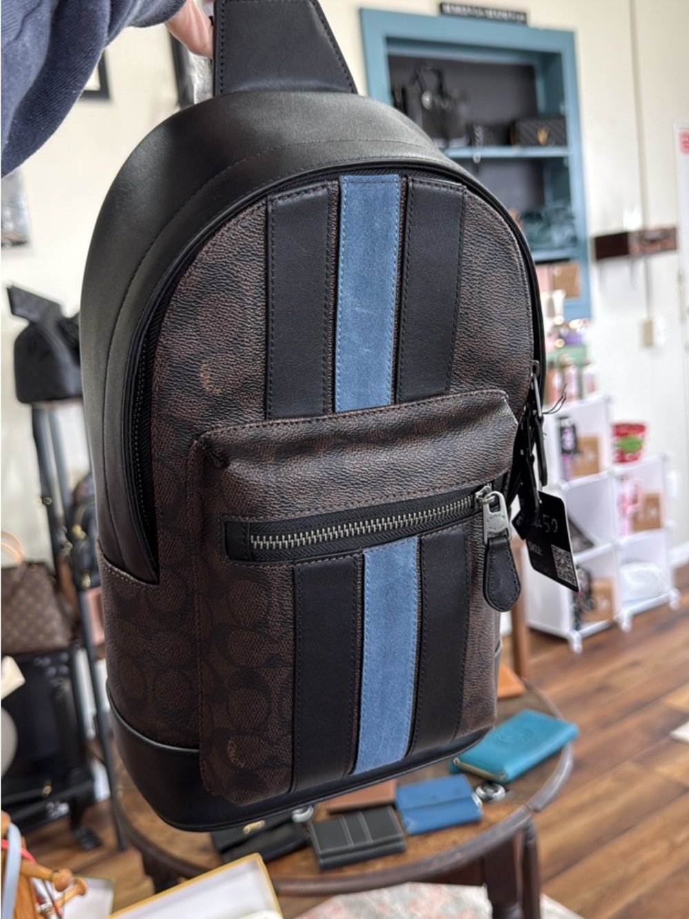 Coach Brown Signature Canvas Sling Bag with Black and Blue Stripes